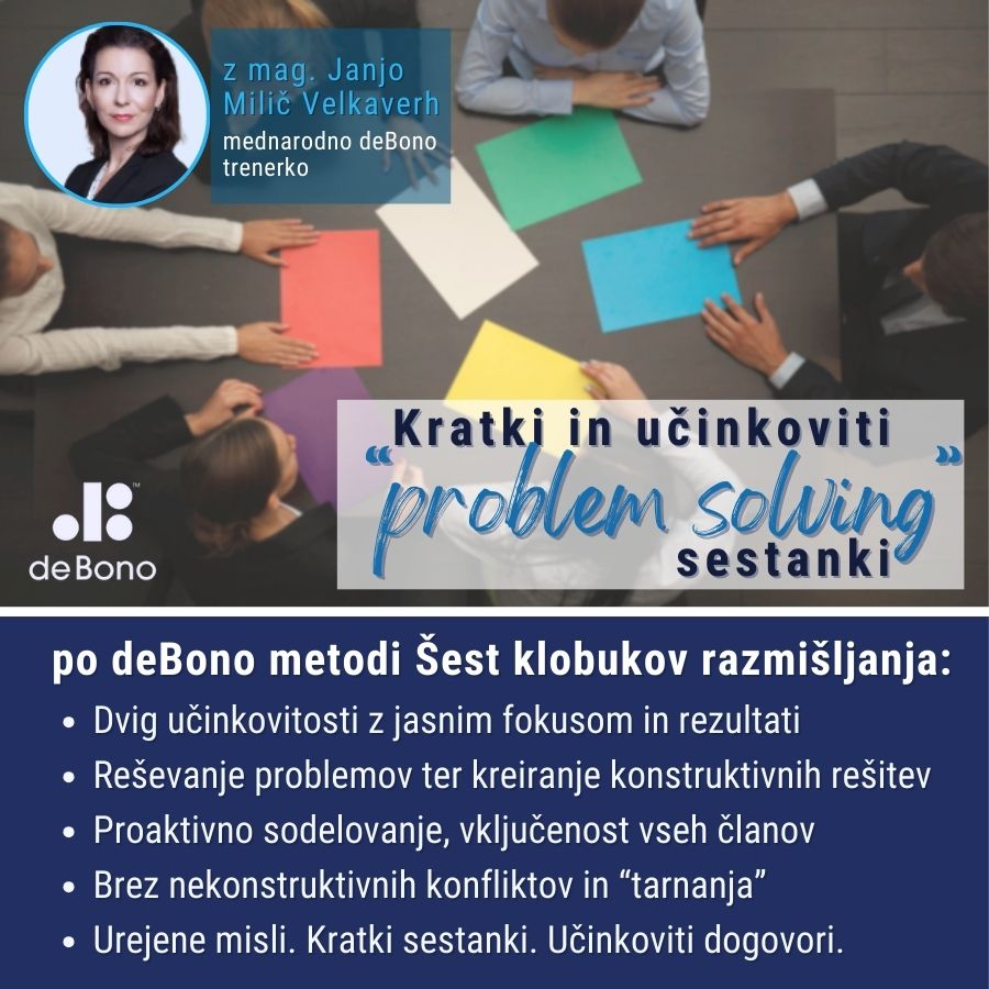 AGILIA delavnica_Kratki in učinkoviti problem solving sestanki_kreativno reševanje problemov_kritično razmišljanje_po metodi Šest klobukov razmišljanja_deBono